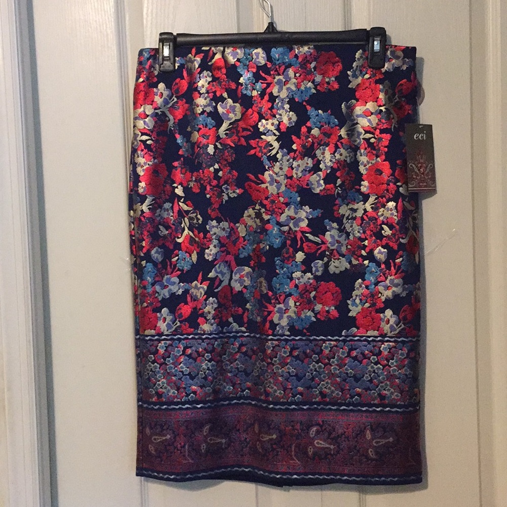 NWT ECI metallic navy floral pencil skit
